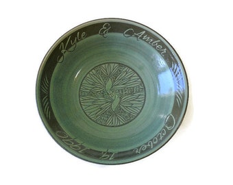 Custom Wedding Bowl with Two Birds, Celadon Green Stoneware, Wedding Gift, Anniversary Gift, Made to Order.