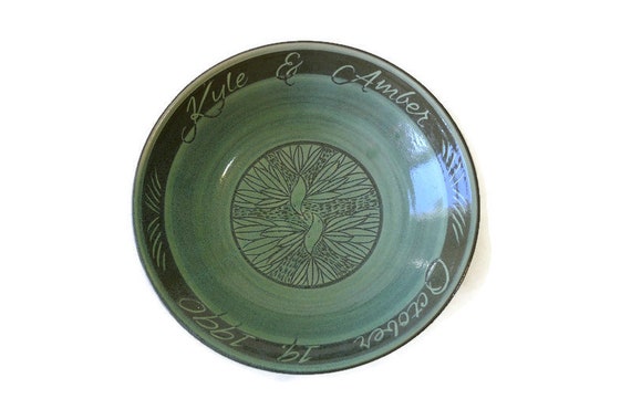 Custom Wedding Bowl with Two Birds, Celadon Green Stoneware, Wedding Gift, Anniversary Gift, Made to Order.
