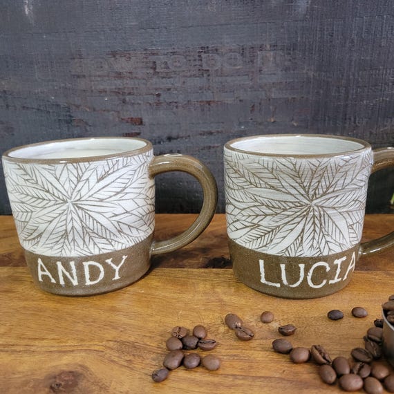 Custom Couple Mug Set – Custom Name Ceramic Coffee Cups | Handmade Botanical Leaf Design Mug | Gift for Couples, Weddings, Anniversaries