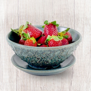 Wheel-Thrown Ceramic Handmade BumpiLumpi Earthy Textured Colander, Berry Bowl, fruit Bowl, Strainer with a plate - Ready to ship.