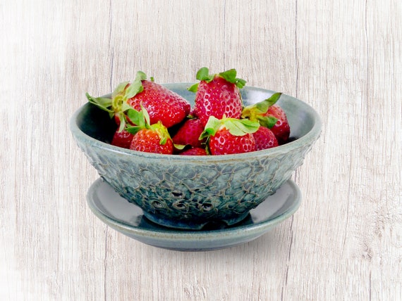 Wheel-Thrown Ceramic Handmade BumpiLumpi Earthy Textured Colander, Berry Bowl, fruit Bowl, Strainer with a plate - Ready to ship.