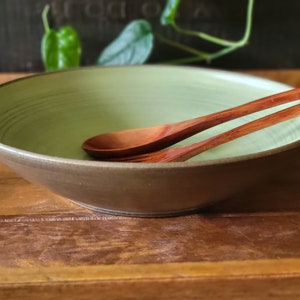 Rustic Charm Serene Olive Green Pasta and Salad Bowl with Natural Brush Swirl Design, Hand crafted Rustic and Earthy Shallow Bowl.