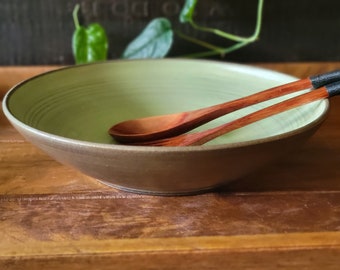 Rustic Charm Serene Olive Green Pasta and Salad Bowl with Natural Brush Swirl Design, Hand crafted Rustic and Earthy Shallow Bowl.