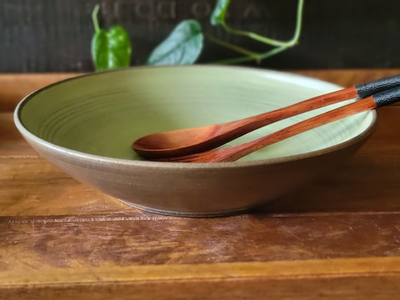 Rustic Charm Serene Olive Green Pasta and Salad Bowl with Natural Brush Swirl Design, Hand crafted Rustic and Earthy Shallow Bowl.