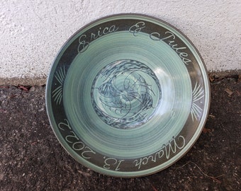 Personalized Large Serving Bowl with Two Swimming Koi in Celadon Green, Hand-Crafted Ceramic Large Bowl for Newlyweds and Anniversary