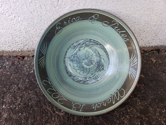 Personalized Large Serving Bowl with Two Swimming Koi in Celadon Green, Hand-Crafted Ceramic Large Bowl for Newlyweds and Anniversary