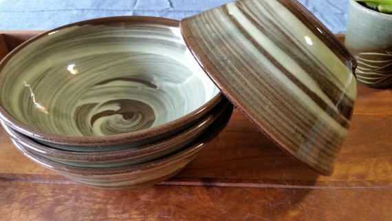 Wheel-thrown 15 FL OZ. Green Small Soup bowls, Cereal bowls, Snack bowls with Natural Brush Swirl Design, Set of 4 - Ready to ship.