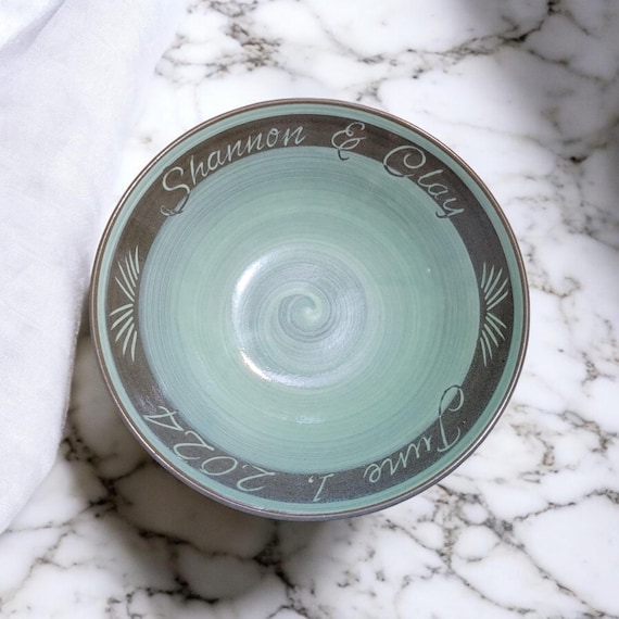 Custom Large Serving Bowl in Celadon Green, Wheel-thrown/Hand-Carved Names and Date, Ceramic Wedding Bowl for Newlyweds and Anniversary