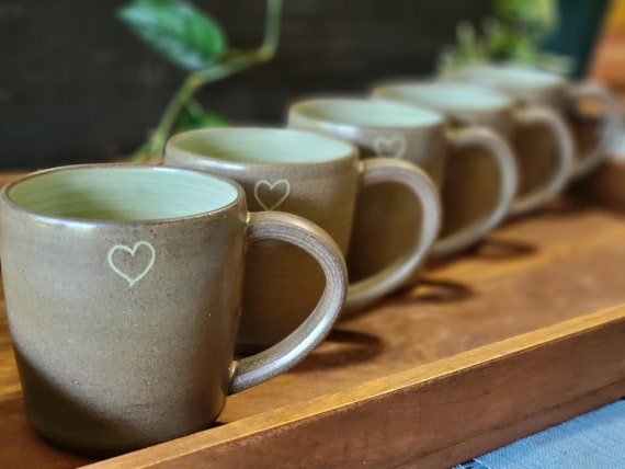 Rustic and Earthy "LOVE HEART' Mug, Satin Olive Green Mug with a Little Heart. Heartwarming Gift, 12 Oz. Mug.