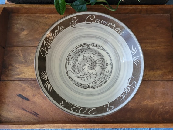 Personalized Large Serving Bowl with Two Swimming Koi in White and Brown, Hand-Crafted Ceramic Large Bowl for Newlyweds and Anniversary