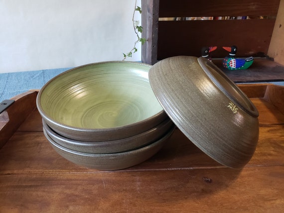 Wheel Thrown Small (16 FL Oz.) Soup, Salad, Cereal Bowls. Rustic and Earthy Brown & Olive Green Bowls, Everyday Individual Bowls, Set of 4.