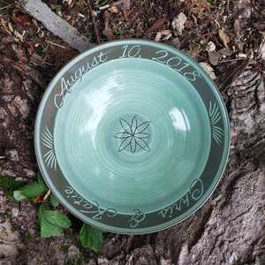 Customized Handmade Large Serving Bowl with Botanical Design in Celadon Green, Ceramic Large Bowl for Newlyweds/Anniversary