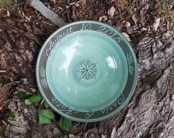 Personalized Large Serving Bowl with Botanical Celadon Green, Engraved Names and Date, Ceramic Wedding Bowl for Newlyweds and Anniversary