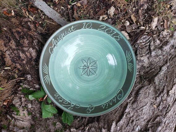 Customized Handmade Large Serving Bowl with Botanical Design in Celadon Green, Ceramic Large Bowl for Newlyweds/Anniversary