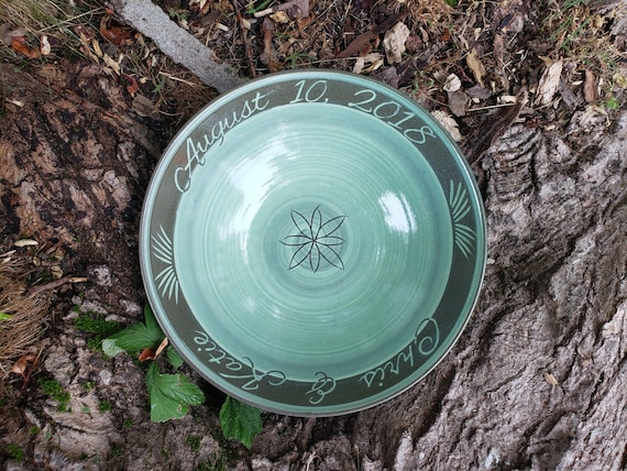 Personalized Large Serving Bowl with Botanical Celadon Green, Engraved Names and Date, Ceramic Wedding Bowl for Newlyweds and Anniversary