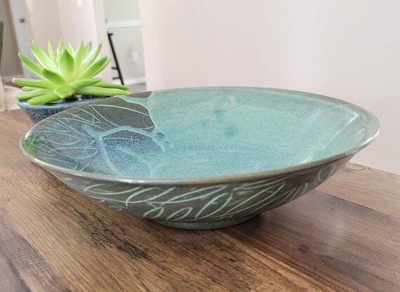 Handmade Ceramic Celadon Green Serving Bowl with a School of Fish Design. One-of-a-kind Ceramic Bowl, Home décor display Art,