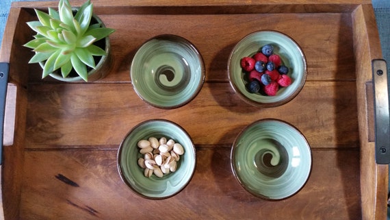 Set of 4 Small Ceramic Bowls with Natural Brush Swirl, Olive Oil/Soy Sauce Dipping Bowls, Snack, Dessert, Spices, Prep, Side Dish Bowl.