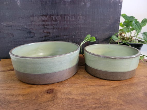 Ceramic Handmade Pet bowls, SATIN Olive Green Stoneware Dog Bowls, Cat bowls, Small and Large Pet bowls. Food and Water bowls, Set of 2.