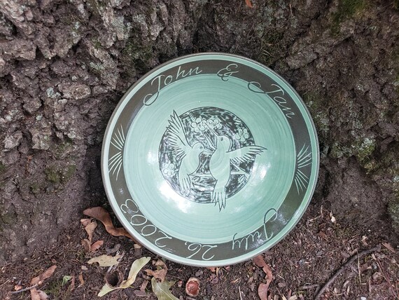 Personalized Large Serving Bowl with Flying Together Hummingbirds in Celadon Green, Engraved Couple's Names and Wedding Date.