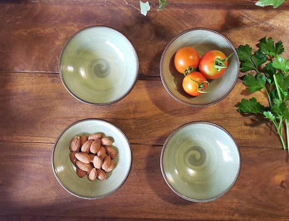 Wheel-Thrown Rustic and Earthy Olive Green Stoneware Small Dipping Sauce Bowls and Small Dessert Bowls, Set of 4. Made to order.