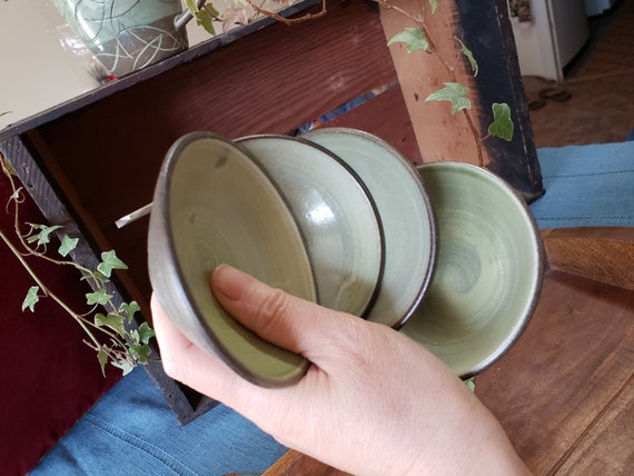 A set of 4 Mini Bowls, Satin Olive Green Tiny and little Bowls, Rustic Small Bowls, Ring/Spices/Prep Bowls, Small Dipping Sauce Bowls.