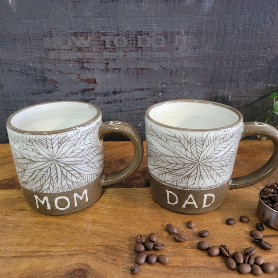 Custom Mom and Dad Mug Set – Handmade Botanical Ceramic Coffee Mugs | Sanggam/Sgraffito Pottery Gift for Parent Gift Set
