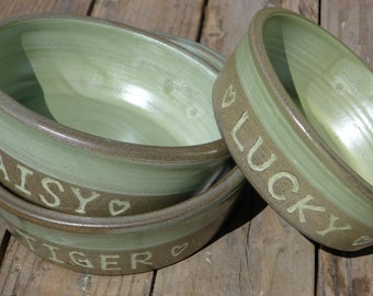 Customized Ceramic Pet Bowl, Olive Green Stoneware Pet Bowls. Cat and Dog Bowls with Names. Three Sizes - 14, 19, 24 oz. Made to order.