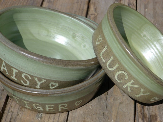 Customized Ceramic Pet Bowl, Olive Green Stoneware Pet Bowls. Cat and Dog Bowls with Names. Three Sizes - 14, 19, 24 oz. Made to order.