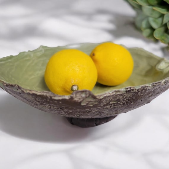 Earth and Organic Green Fruit Bowl, a One-of-a-kind Home Decorating Presentation Object, Rustic Hand Crafted Peculiarity Ceramic Bowl.