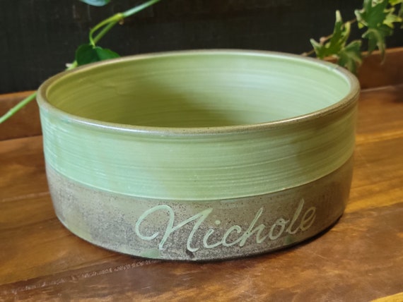 Personalized Ceramic Pet Bowls with Hand Crafted Carving Names, Satin Olive Green Pet Bowls. Three Sizes - 14, 19, 24 oz. Made to order.