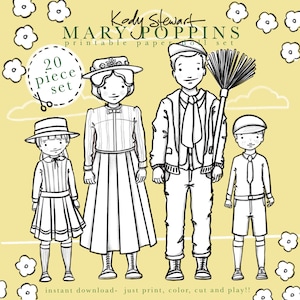 Papieren pop afdrukbaar | Mary Poppins | Knutselset | Verjaardagsfeestje | Kleurplaat voor volwassenen | Moderne papieren pop | Afdrukbaar | Quarantainevaartuig