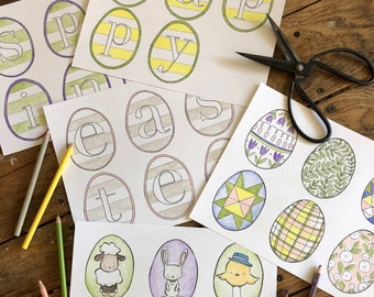 May include: A set of printable Easter egg templates featuring various designs, including a bunny, a chick, a lamb, a carrot, and tulips. The templates are ready to be colored in with crayons or markers.