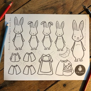 Creazioni con bambole di carta / Famiglia Peter Rabbit / Creazioni fai da te facili per bambini / Creazioni per feste di compleanno / Foglio da colorare per adulti / Pagina da colorare per bambini