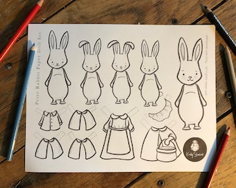 May include: A black and white printable paper doll set featuring Peter Rabbit. The set includes five different rabbit figures, four different outfits, and a bucket. The text "Peter Rabbit Paper Doll Set" is printed at the top of the page. The text "personal use only - all rights reserved" is printed at the bottom of the page.