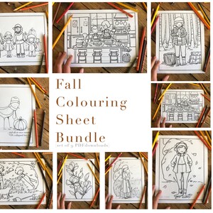 May include: A set of 8 printable coloring pages featuring fall-themed illustrations. The pages include a family of three, a bird with a pumpkin, a girl in the woods, a girl raking leaves, a girl in a field, a girl baking in the kitchen, a magnolia flower, and a girl in a kitchen.