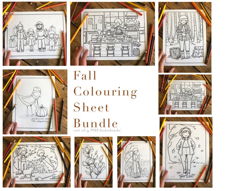 May include: A set of 8 printable coloring pages featuring fall-themed illustrations. The pages include a family of three, a bird with a pumpkin, a girl in the woods, a girl raking leaves, a girl in a field, a girl baking in the kitchen, a magnolia flower, and a girl in a kitchen.