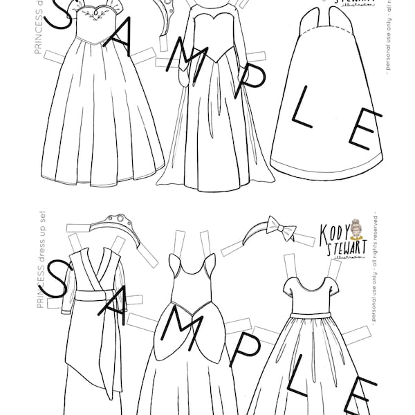 Paper Doll Printable | PRINCESS DRESSES | Craft Kit | Birthday Party | Adult Colouring Sheet | Modern Paper Doll | Printable | Quarantine