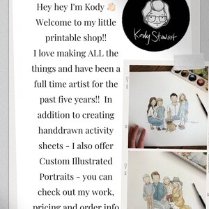 May include: A digital illustration of a family portrait with a dog. The family is drawn in a watercolor style with soft colors. The illustration is framed by a white border.