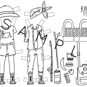 Paper Doll Printable CAMPING SET Craft Kit Birthday Party Adult Colouring Sheet Modern Paper Doll Printable Quarantine Craft image 4