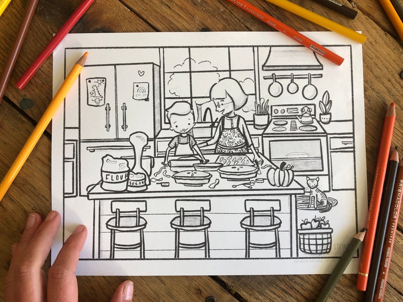 May include: A black and white coloring page of a kitchen scene with a woman and a child making pies. There are bags of flour and sugar on the counter, a cat sitting on the floor, and a basket of apples.