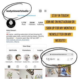 May include: A screenshot of an Etsy shop profile for Kody Stewart, an artist who creates watercolor paintings, paper dolls, cards, and coloring sheets. The profile includes a shop banner, a profile picture, a description of the artist's work, and links to the artist's shop, social media, and newsletter. The text on the screen reads "Kody Stewart", "Artist", "mama - painting watercolors & hand drawing DIY printable paper dolls, cards & coloring sheets. Monthly Newsletter + Customs open May 3 @ 1pm MDT+ linktr.ee/kody_stewart_illustration Edmonton, Alberta", "Stay in Touch! Join me on Instagram or Sign up for my monthly newsletter on my website!"