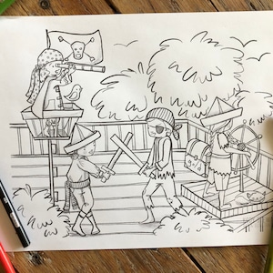 May include: A black and white coloring page featuring three pirates. One pirate is looking through a telescope, another is holding a sword, and the third is holding a ship's wheel. The pirates are standing on a wooden platform with a treasure chest and a bird.