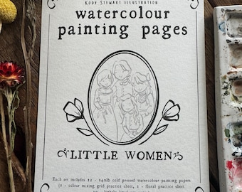 May include: A watercolor painting pages set with the text "Kody Stewart Illustration" and "Little Women" on the cover. The cover features an illustration of five figures in an oval frame. The set includes watercolor papers and practice sheets.