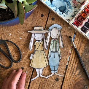 Papierpuppe Handwerk | Hasenpärchen | Einfache DIY Kinder basteln | Ausmalbild | Osterhandwerk | Kindergarten Bastelset