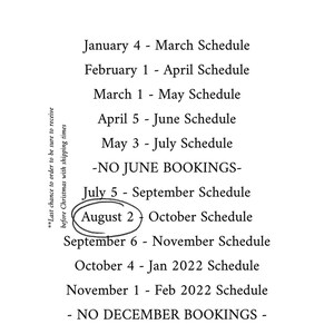 May include: A black and white graphic with the text "Kody Stewart Custom Illustrated Portrait 2021 Booking Schedule." The schedule lists booking dates from January to February 2022, with August 2 circled.
