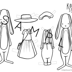 May include: Black and white printable paper doll set featuring a bunny with different outfits. The outfits include a dress with a collar, a shirt with suspenders, a hat, and a beret.