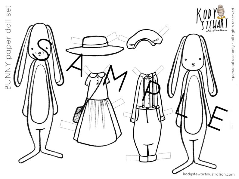 May include: Black and white printable paper doll set featuring a bunny with different outfits. The outfits include a dress with a collar, a shirt with suspenders, a hat, and a beret.