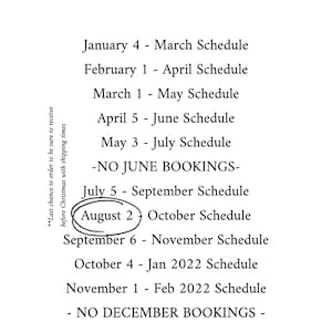 May include: A black and white text-based image with the title "Kody Stewart Custom Illustrated Portrait 2021 Booking Schedule". The image lists the months of the year and the corresponding dates for booking custom illustrated portraits. The text also includes information about the booking process, such as the deadline for reference photos and the production time.