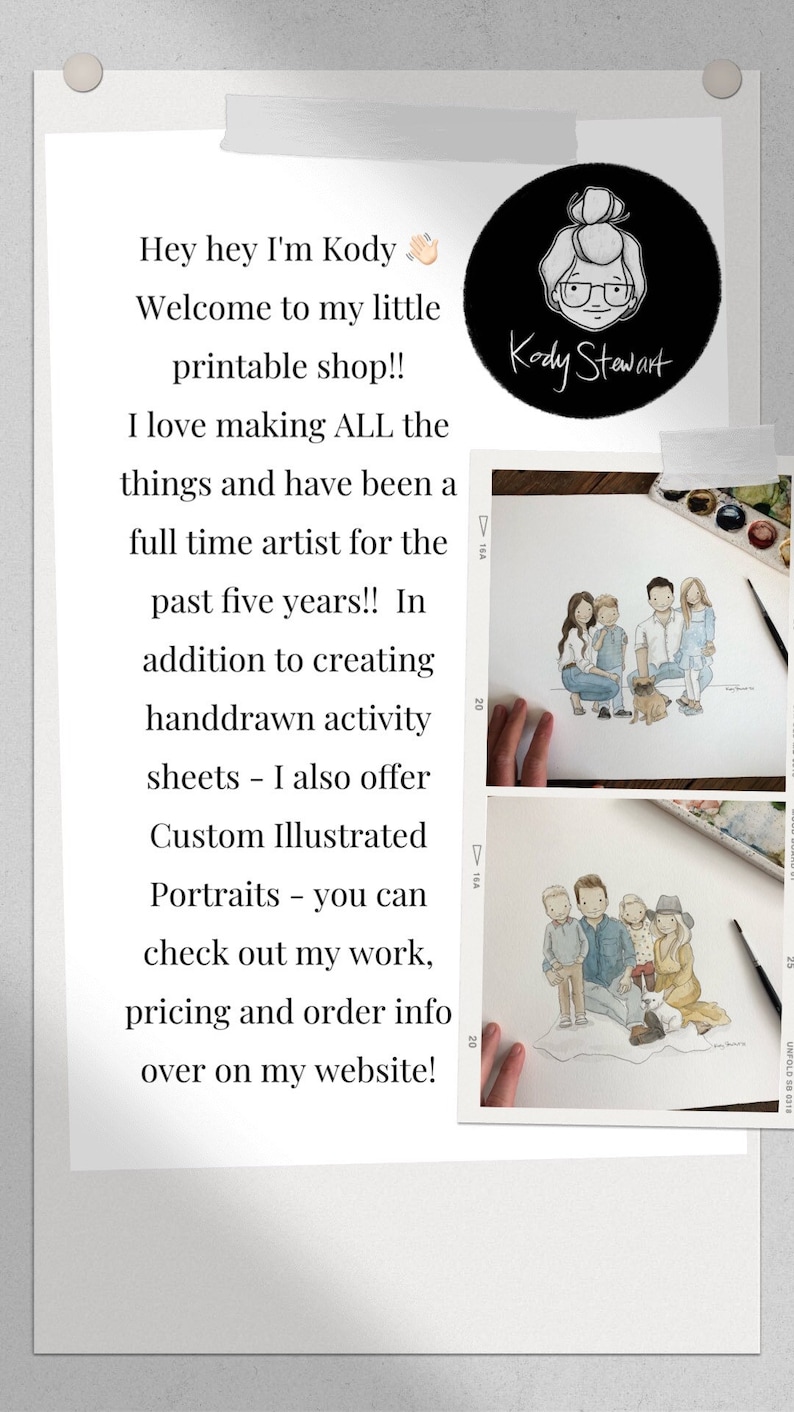 May include: A digital illustration of a family portrait with a dog. The illustration is done in a watercolor style with soft colors. The text "Kody Stewart" is in the upper right corner of the image.