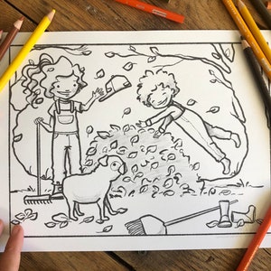 May include: A black and white coloring page featuring two children raking leaves and a dog. The children are wearing overalls and are smiling. The dog is standing next to a rake and is looking at the children.